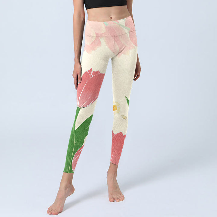 Leggings da palestra con stampa di fiori di tulipano rosa Buddha Stones, pantaloni da yoga da donna - image 6