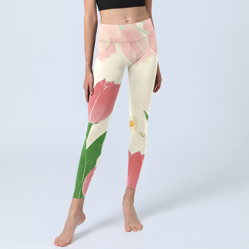 Leggings da palestra con stampa di fiori di tulipano rosa Buddha Stones, pantaloni da yoga da donna - image 7