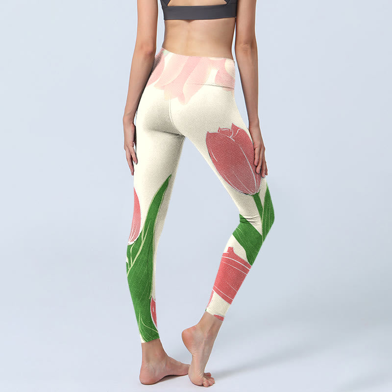 Leggings da palestra con stampa di fiori di tulipano rosa Buddha Stones, pantaloni da yoga da donna - image 6