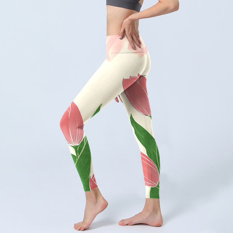 Leggings da palestra con stampa di fiori di tulipano rosa Buddha Stones, pantaloni da yoga da donna - image 4
