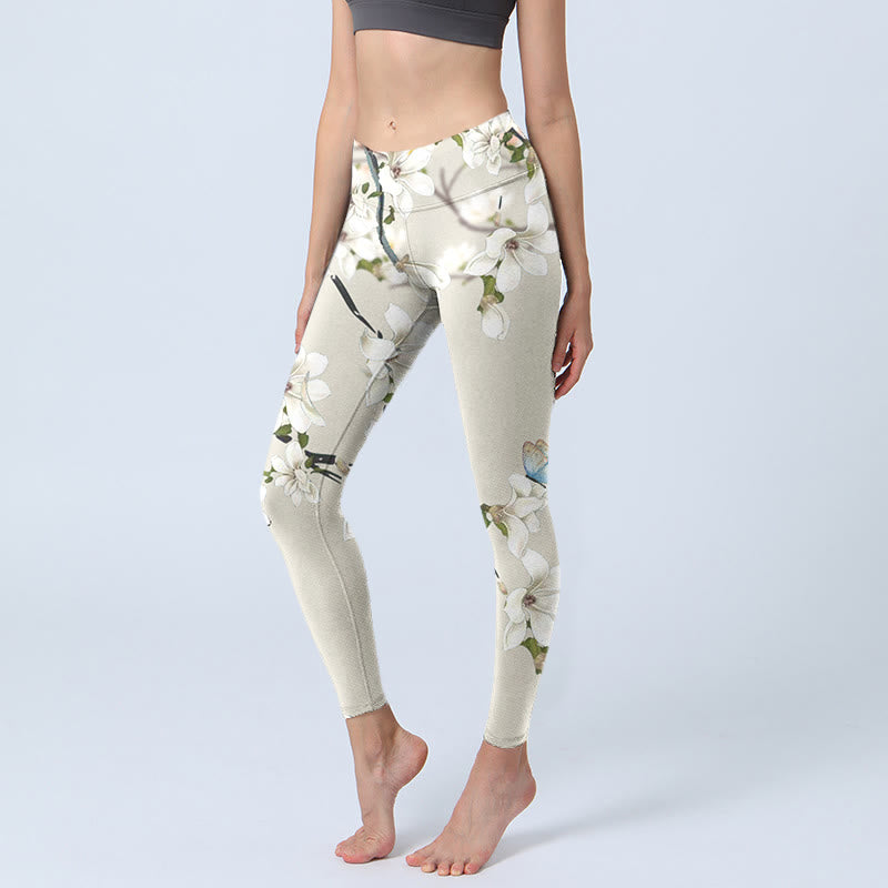 Leggings sportivi da fitness con stampa di fiori di magnolia bianca Buddha Stones Pantaloni da yoga da donna - Biancheria - US18, UK/AU22, EU50 (4XL) - image 1