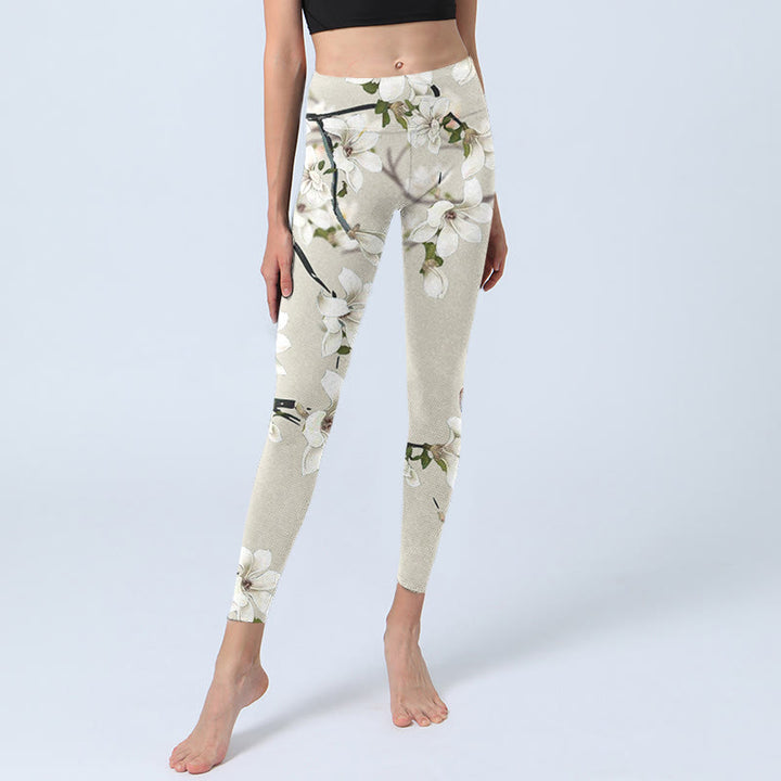 Leggings sportivi da fitness con stampa di fiori di magnolia bianca Buddha Stones Pantaloni da yoga da donna - image 6