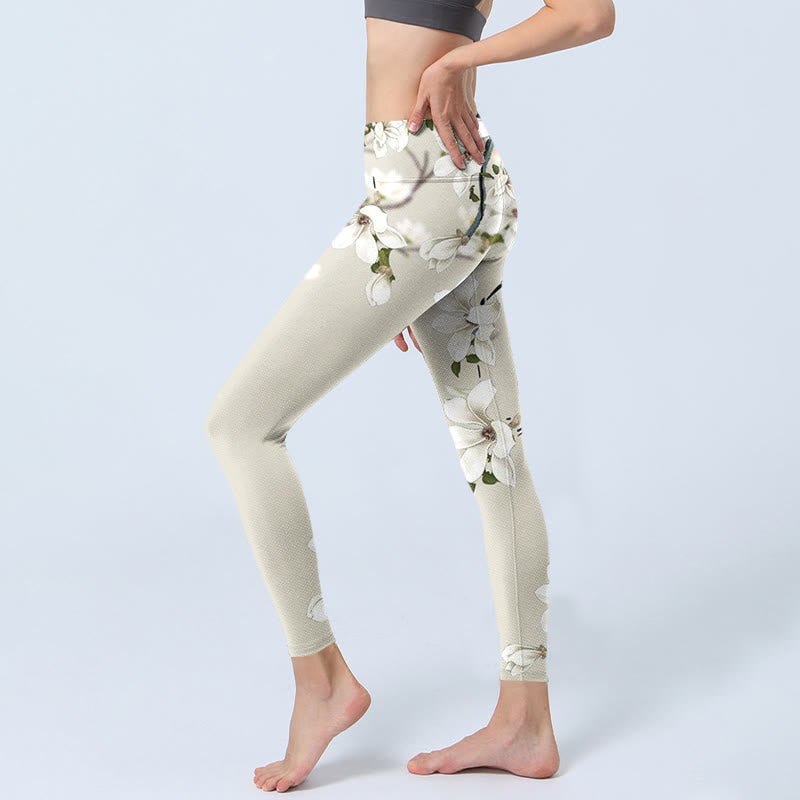 Leggings sportivi da fitness con stampa di fiori di magnolia bianca Buddha Stones Pantaloni da yoga da donna - image 3