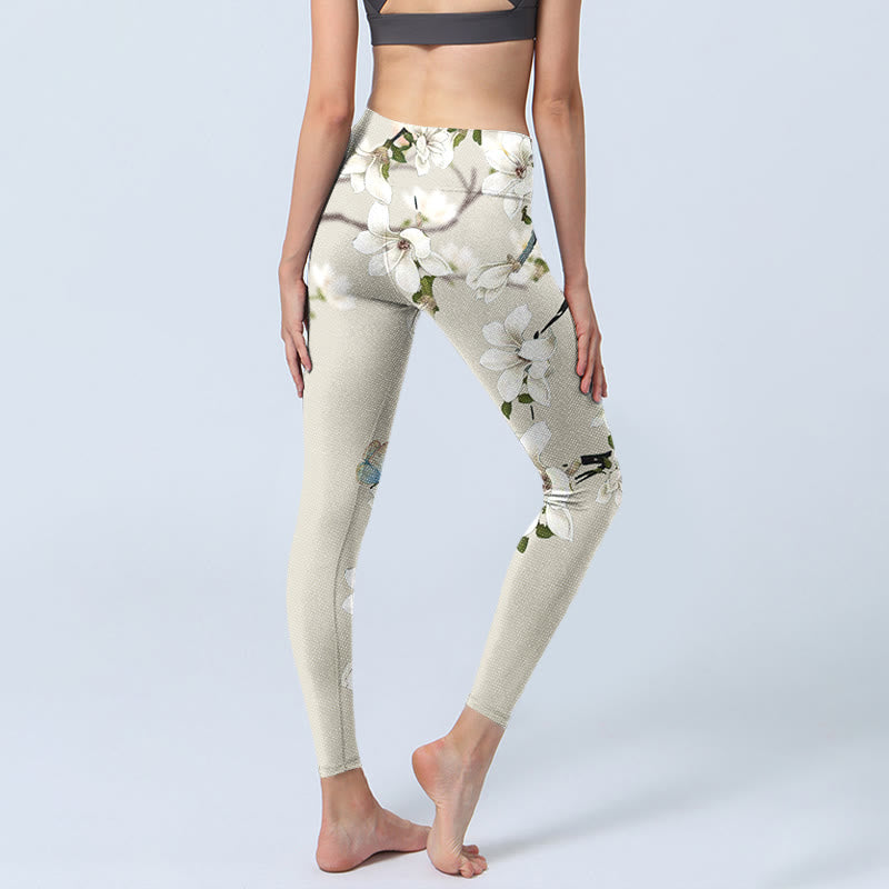 Leggings sportivi da fitness con stampa di fiori di magnolia bianca Buddha Stones Pantaloni da yoga da donna - image 4