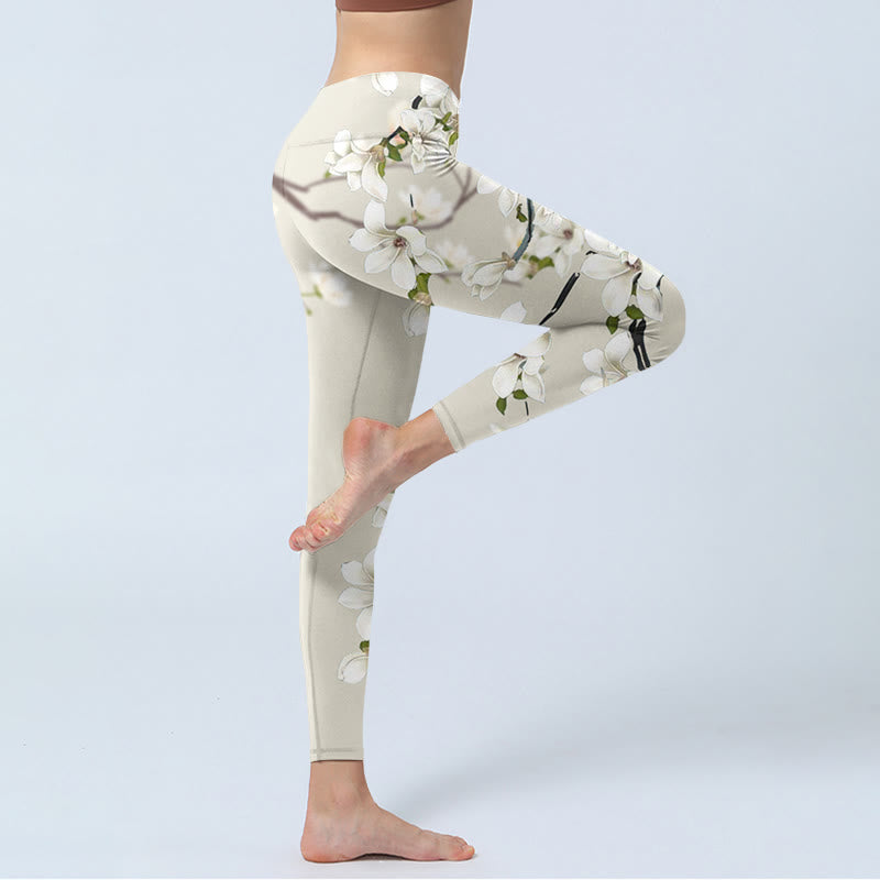 Leggings sportivi da fitness con stampa di fiori di magnolia bianca Buddha Stones Pantaloni da yoga da donna - image 3