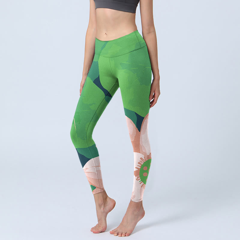 Leggings sportivi da fitness con stampa di fiori di loto verde Buddha Stones, pantaloni da yoga da donna - Verde chiaro - US18, UK/AU22, EU50 (4XL) - image 0