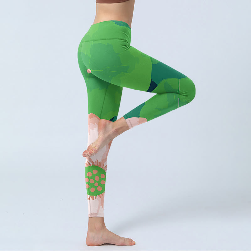 Leggings sportivi da fitness con stampa di fiori di loto verde Buddha Stones, pantaloni da yoga da donna - image 3