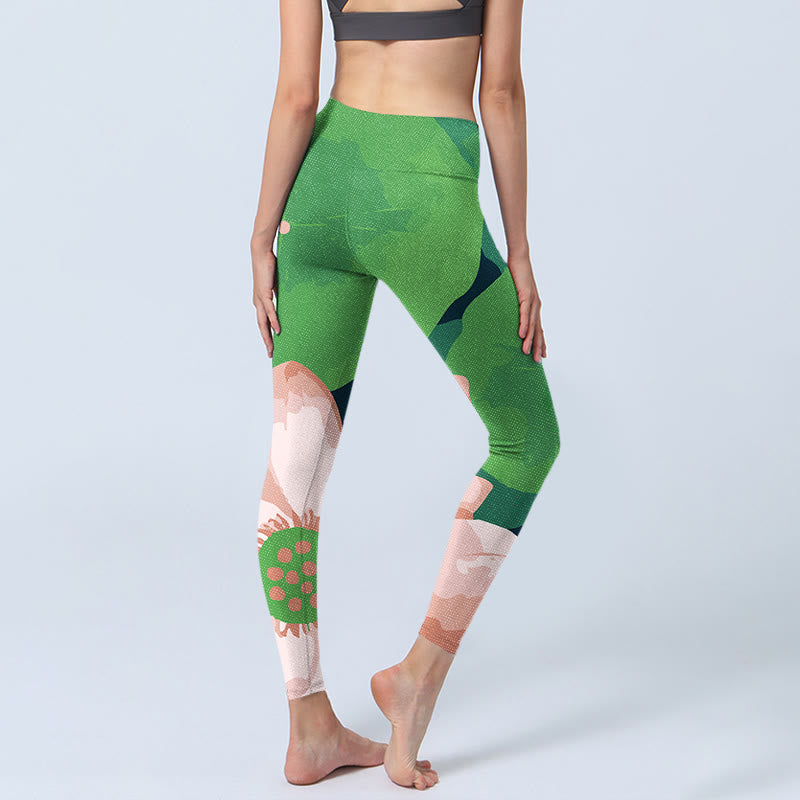 Leggings sportivi da fitness con stampa di fiori di loto verde Buddha Stones, pantaloni da yoga da donna - image 4