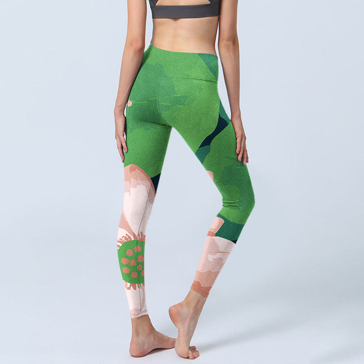 Leggings sportivi da fitness con stampa di fiori di loto verde Buddha Stones, pantaloni da yoga da donna - image 4