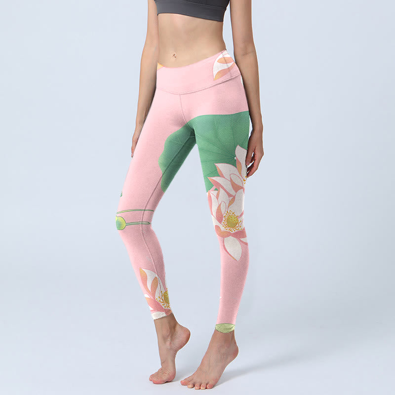 Leggings da palestra con stampa di foglie di fiore di loto rosa Buddha Stones, pantaloni da yoga da donna - Rosa chiaro - US18, UK/AU22, EU50 (4XL) - image 1