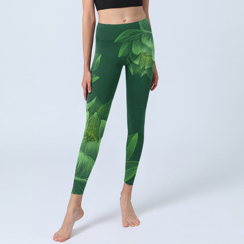Leggings da palestra fitness con stampa di foglie di fiore di loto verde scuro Buddha Stones Pantaloni da yoga da donna - image 7