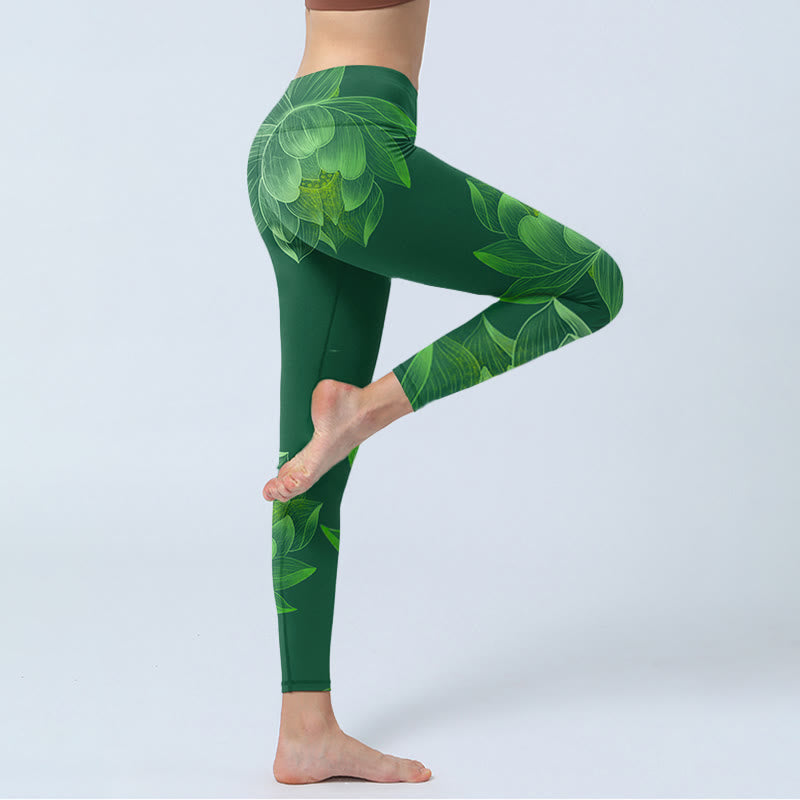 Leggings da palestra fitness con stampa di foglie di fiore di loto verde scuro Buddha Stones Pantaloni da yoga da donna - image 5