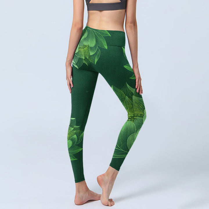 Leggings da palestra fitness con stampa di foglie di fiore di loto verde scuro Buddha Stones Pantaloni da yoga da donna - image 6