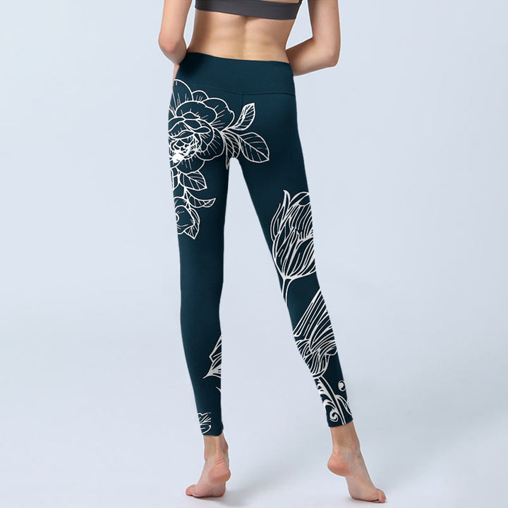 Buddha Stones Peony Epiphyllum Flowers Stampa Leggings da palestra Fitness Pantaloni da yoga da donna - image 8