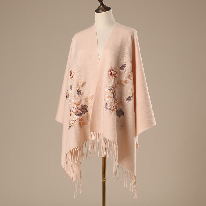 Scialle di lana con Buddha Stones, fiori bianchi e rosa, foglie dorate, ricamo con nappa, sciarpa da viaggio invernale e accogliente