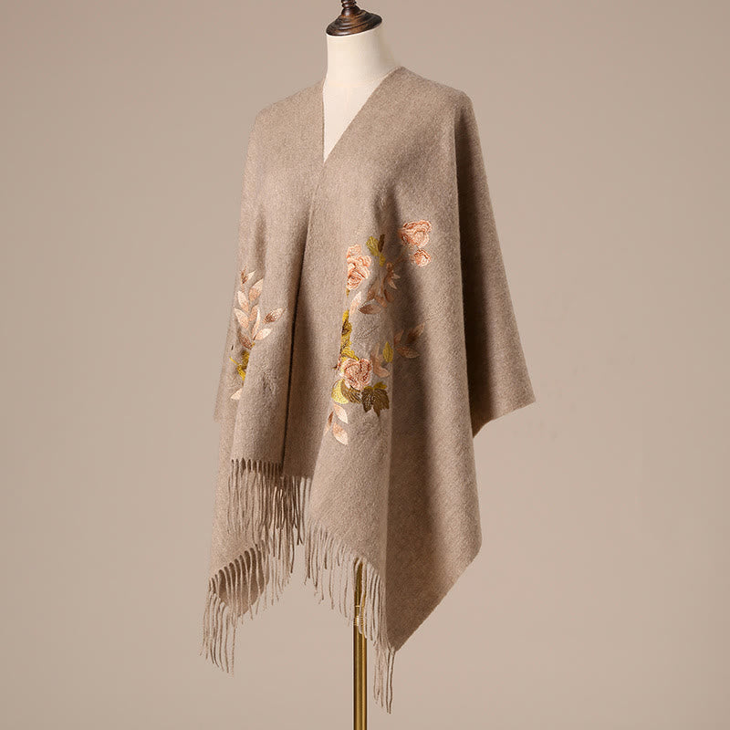 Scialle di lana con Buddha Stones, fiori bianchi e rosa, foglie dorate, ricamo con nappa, sciarpa da viaggio invernale e accogliente