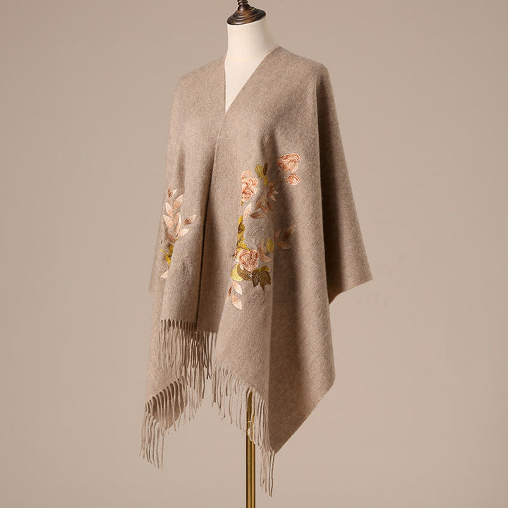 Scialle di lana con Buddha Stones, fiori bianchi e rosa, foglie dorate, ricamo con nappa, sciarpa da viaggio invernale e accogliente - image 4