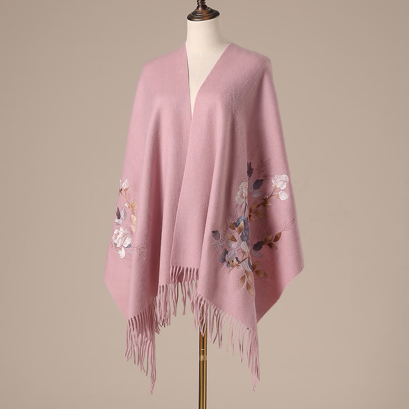 Scialle di lana con Buddha Stones, fiori bianchi e rosa, foglie dorate, ricamo con nappa, sciarpa da viaggio invernale e accogliente