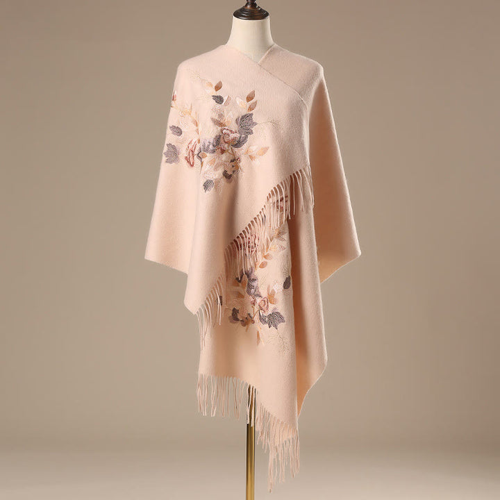 Scialle di lana con Buddha Stones, fiori bianchi e rosa, foglie dorate, ricamo con nappa, sciarpa da viaggio invernale e accogliente
