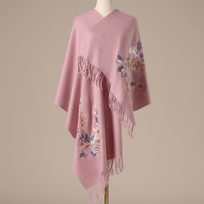 Scialle di lana con Buddha Stones, fiori bianchi e rosa, foglie dorate, ricamo con nappa, sciarpa da viaggio invernale e accogliente