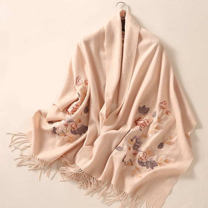 Scialle di lana con Buddha Stones, fiori bianchi e rosa, foglie dorate, ricamo con nappa, sciarpa da viaggio invernale e accogliente