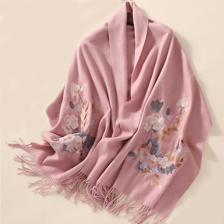 Scialle di lana con Buddha Stones, fiori bianchi e rosa, foglie dorate, ricamo con nappa, sciarpa da viaggio invernale e accogliente