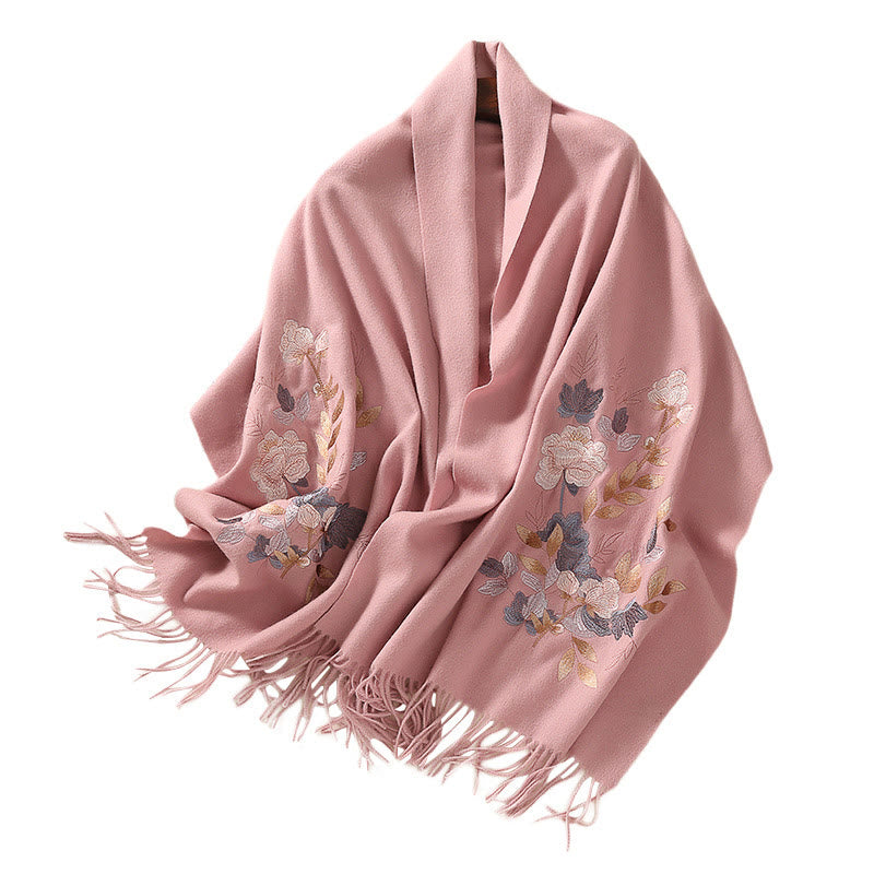 Scialle di lana con Buddha Stones, fiori bianchi e rosa, foglie dorate, ricamo con nappa, sciarpa da viaggio invernale e accogliente