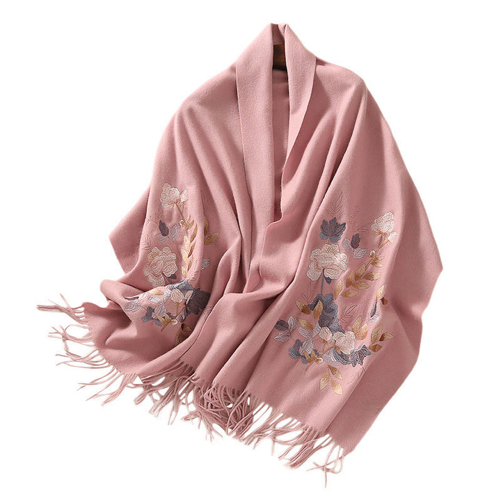 Scialle di lana con Buddha Stones, fiori bianchi e rosa, foglie dorate, ricamo con nappa, sciarpa da viaggio invernale e accogliente