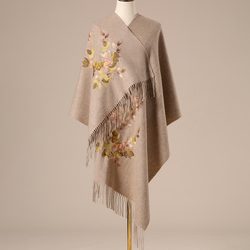 Scialle di lana con Buddha Stones, fiori bianchi e rosa, foglie dorate, ricamo con nappa, sciarpa da viaggio invernale e accogliente
