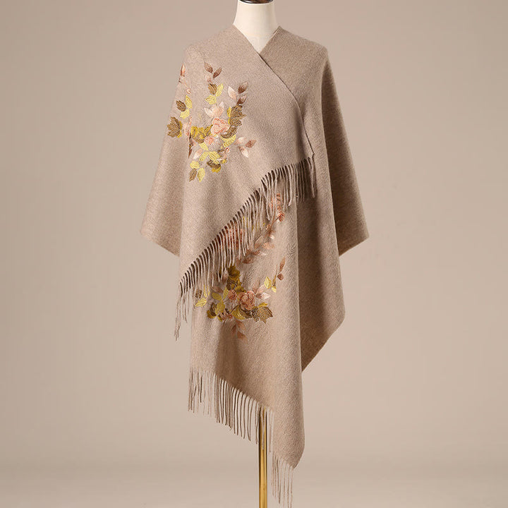 Scialle di lana con Buddha Stones, fiori bianchi e rosa, foglie dorate, ricamo con nappa, sciarpa da viaggio invernale e accogliente