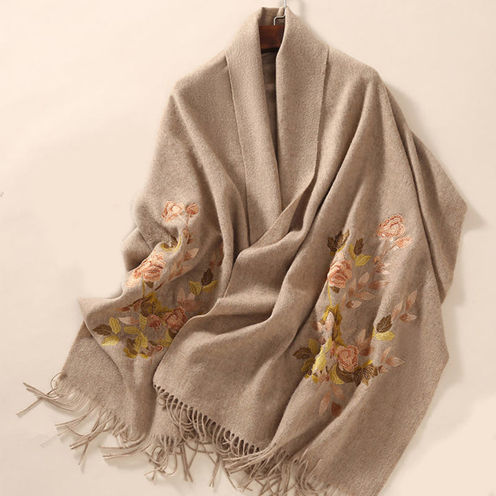 Scialle di lana con Buddha Stones, fiori bianchi e rosa, foglie dorate, ricamo con nappa, sciarpa da viaggio invernale e accogliente