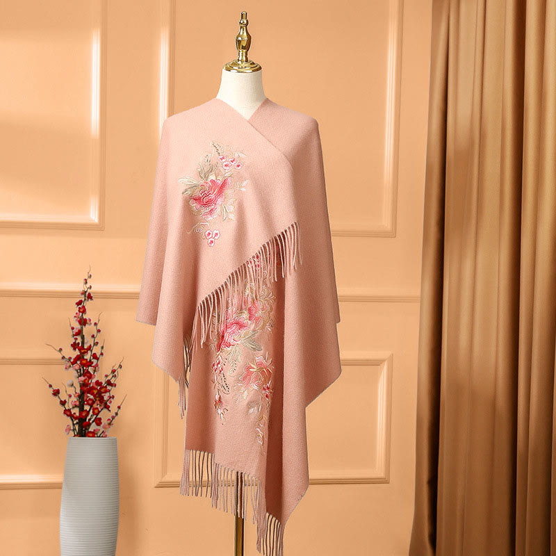 Buddha Stones, fiori rossi, foglie, ricami, nappa, sciarpa da viaggio invernale e calda - Rosa - 200*60 cm - image 0
