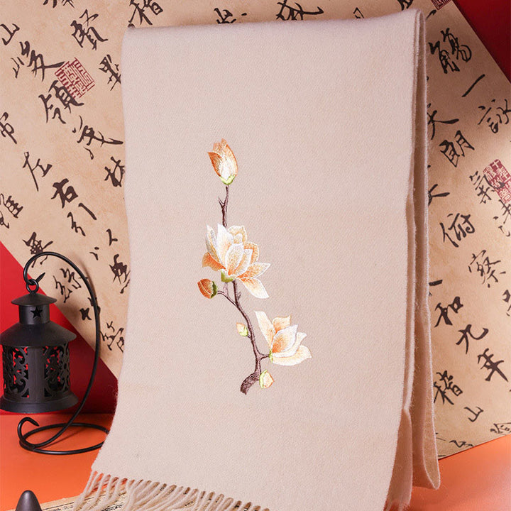 Scialle di lana con Buddha Stones, ricamo di magnolia Yulan, nappa, sciarpa da viaggio invernale e calda - 180*37cm - image 0