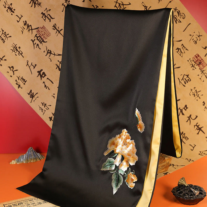 Scialle in poliestere con Buddha Stones, farfalla Yulan, bambù, gazza, ricamo Suzhou, sciarpa da viaggio invernale e accogliente - Peonia nera 183*32cm - image 14