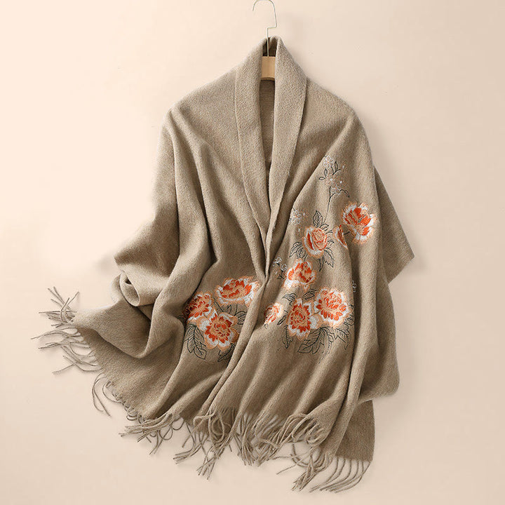 Scialle di lana con Buddha Stones, ricamo di peonia rossa, nappa, sciarpa da viaggio invernale e calda - image 3