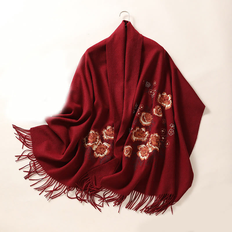 Scialle di lana con Buddha Stones, ricamo di peonia rossa, nappa, sciarpa da viaggio invernale e calda