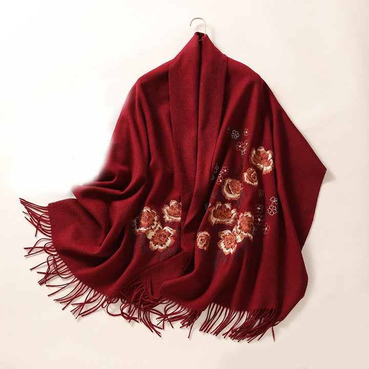 Scialle di lana con Buddha Stones, ricamo di peonia rossa, nappa, sciarpa da viaggio invernale e calda