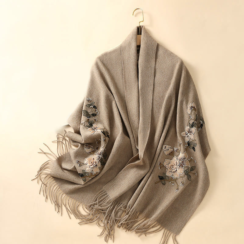 Scialle di lana con Buddha Stones , bianco, arancione, ricamo a fiori, nappa, sciarpa da viaggio invernale e calda