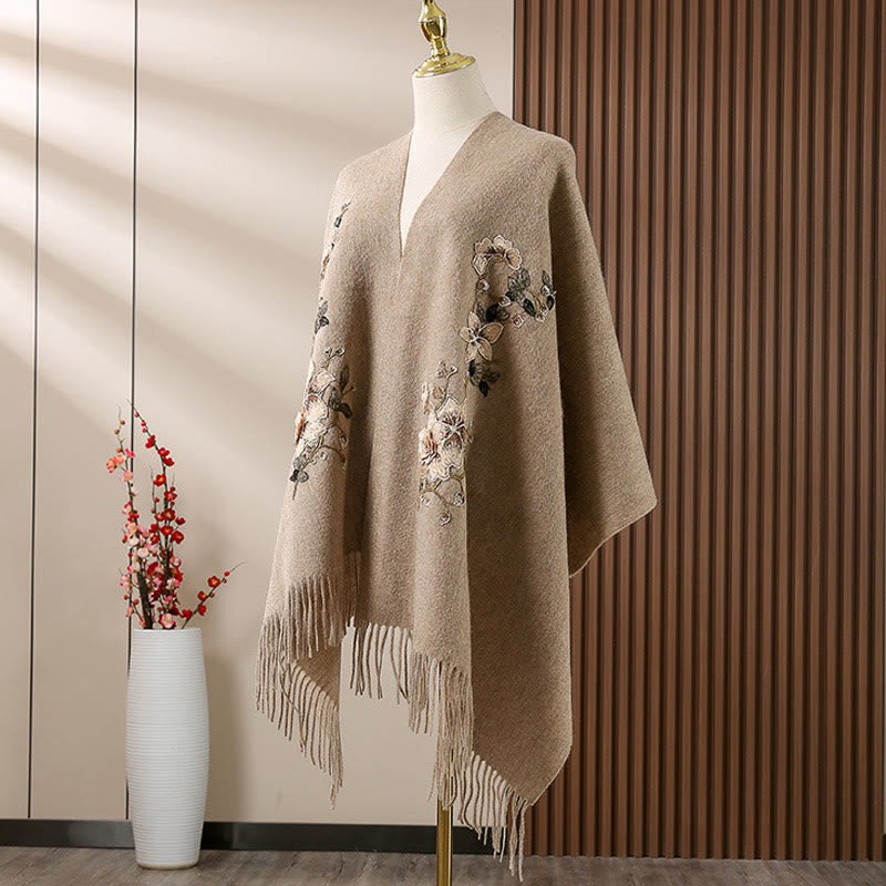 Scialle di lana con Buddha Stones , bianco, arancione, ricamo a fiori, nappa, sciarpa da viaggio invernale e calda