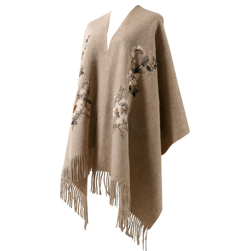 Scialle di lana con Buddha Stones , bianco, arancione, ricamo a fiori, nappa, sciarpa da viaggio invernale e calda