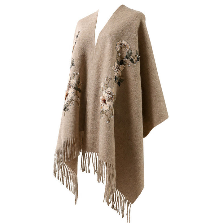 Scialle di lana con Buddha Stones , bianco, arancione, ricamo a fiori, nappa, sciarpa da viaggio invernale e calda