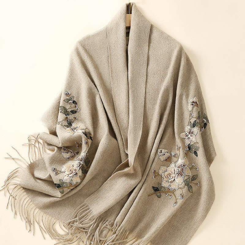 Scialle di lana con Buddha Stones , bianco, arancione, ricamo a fiori, nappa, sciarpa da viaggio invernale e calda - image 9