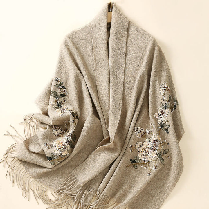 Scialle di lana con Buddha Stones , bianco, arancione, ricamo a fiori, nappa, sciarpa da viaggio invernale e calda - image 9
