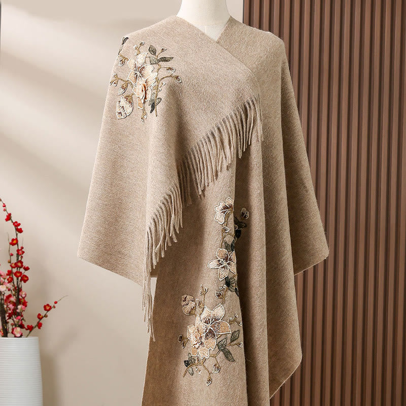 Scialle di lana con Buddha Stones , bianco, arancione, ricamo a fiori, nappa, sciarpa da viaggio invernale e calda - Abbronzatura - 200*60cm - image 2