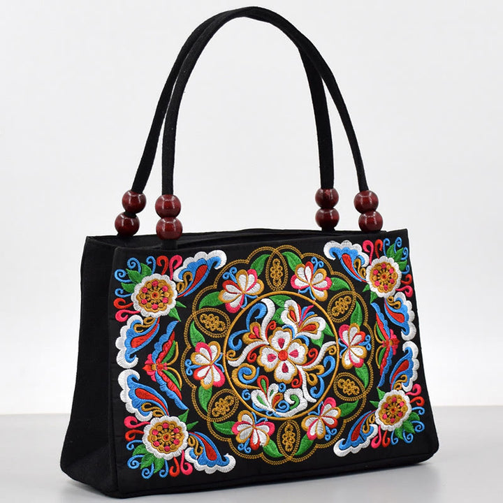 Buddha Stones Galsang Inula Fiore Peonia Pavone Ricamo Fronte-Retro Tela Borsa per la Spesa Borsa a Mano