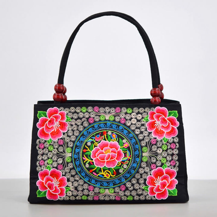Buddha Stones Galsang Inula Fiore Peonia Pavone Ricamo Fronte-Retro Tela Borsa per la Spesa Borsa a Mano