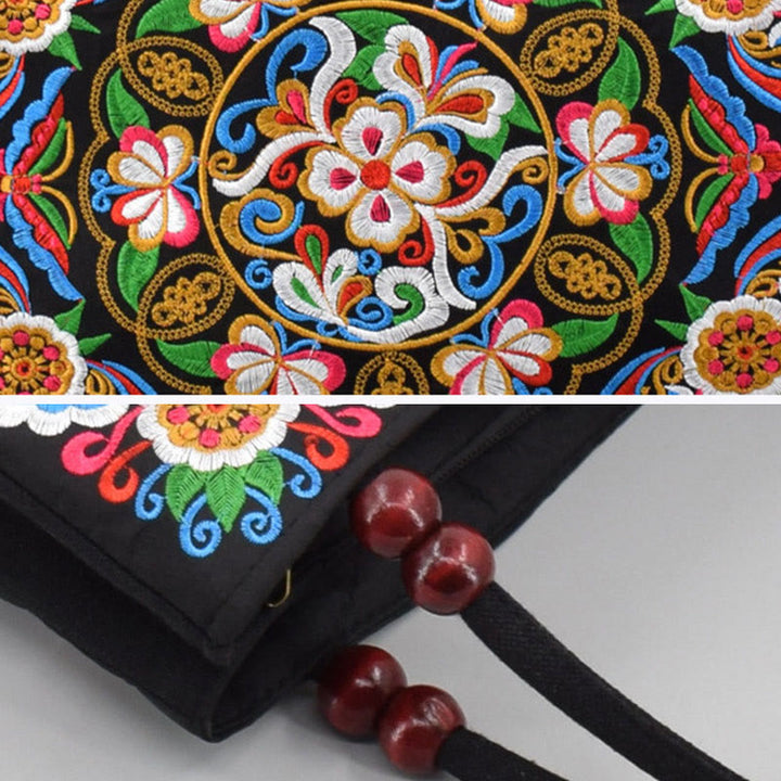 Buddha Stones Galsang Inula Fiore Peonia Pavone Ricamo Fronte-Retro Tela Borsa per la Spesa Borsa a Mano