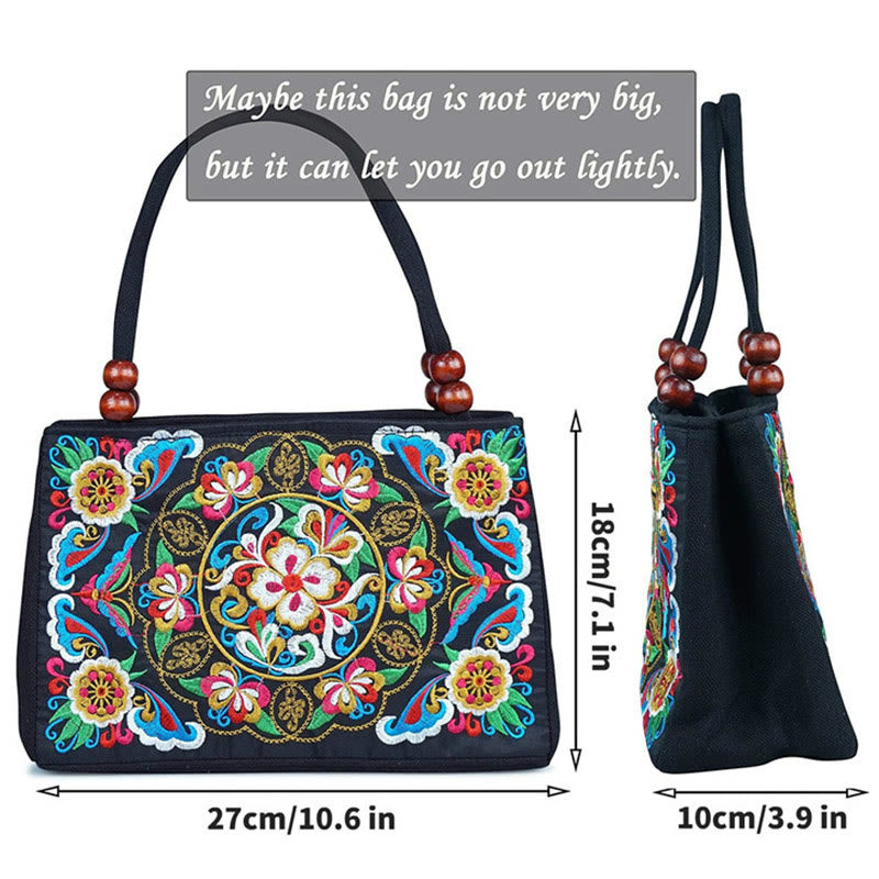 Buddha Stones Galsang Inula Fiore Peonia Pavone Ricamo Fronte-Retro Tela Borsa per la Spesa Borsa a Mano
