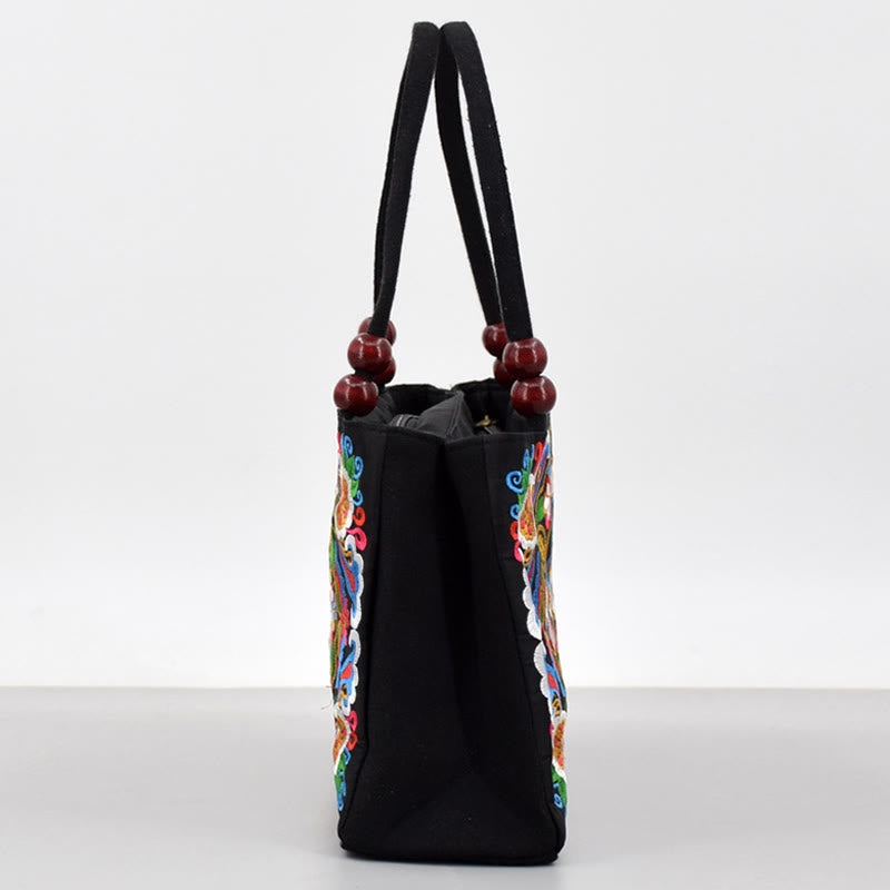 Buddha Stones Galsang Inula Fiore Peonia Pavone Ricamo Fronte-Retro Tela Borsa per la Spesa Borsa a Mano