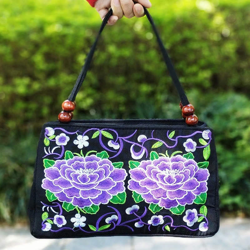 Buddha Stones Galsang Inula Fiore Peonia Pavone Ricamo Fronte-Retro Tela Borsa per la Spesa Borsa a Mano